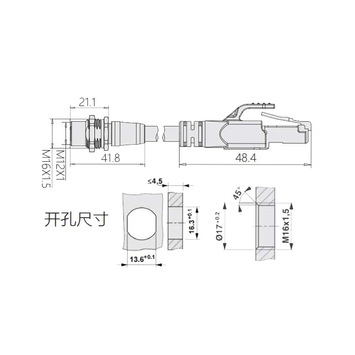 M12 4Pin D-coded、板面法蘭母頭轉(zhuǎn)RJ45公頭直型、雙端預(yù)鑄PVC非柔性電纜、帶屏蔽、黃色護套、0C4228-XXX